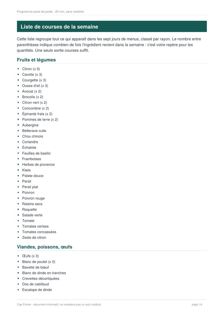 Liste de courses de la semaine classée par rayon : fruits et légumes, viandes, poissons, œufs.