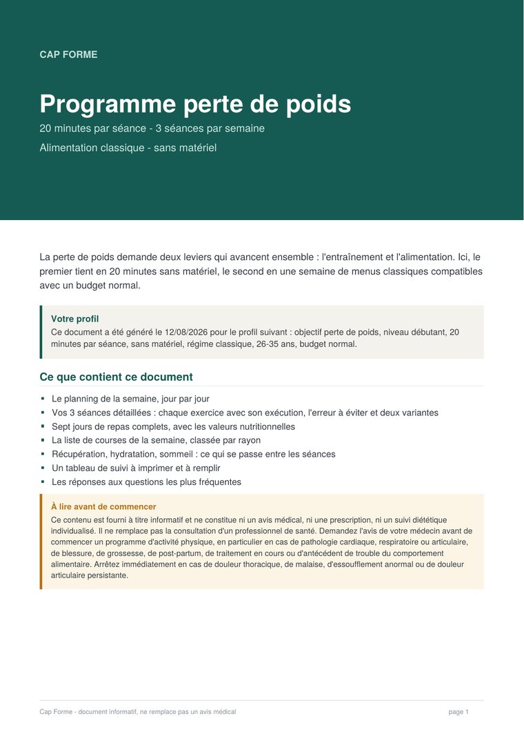 Couverture du programme : titre, paramètres du profil et sommaire du document.