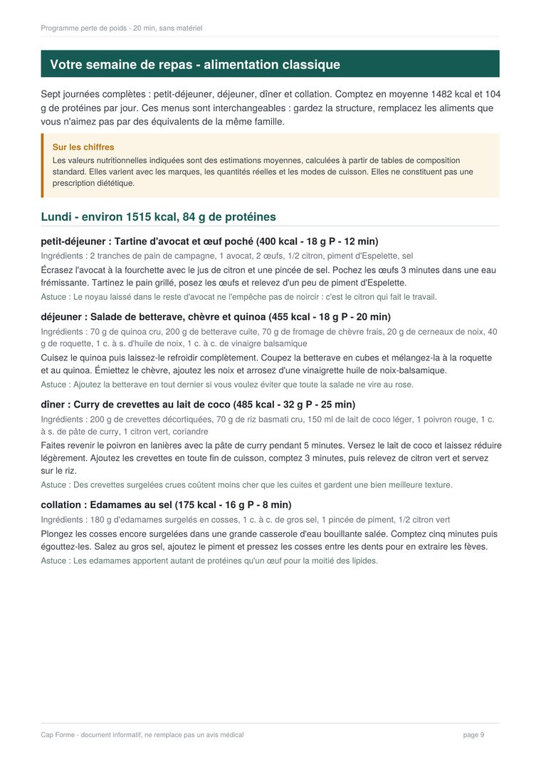 Page de repas : petit-déjeuner, déjeuner, collation et dîner avec ingrédients, quantités et temps de préparation.